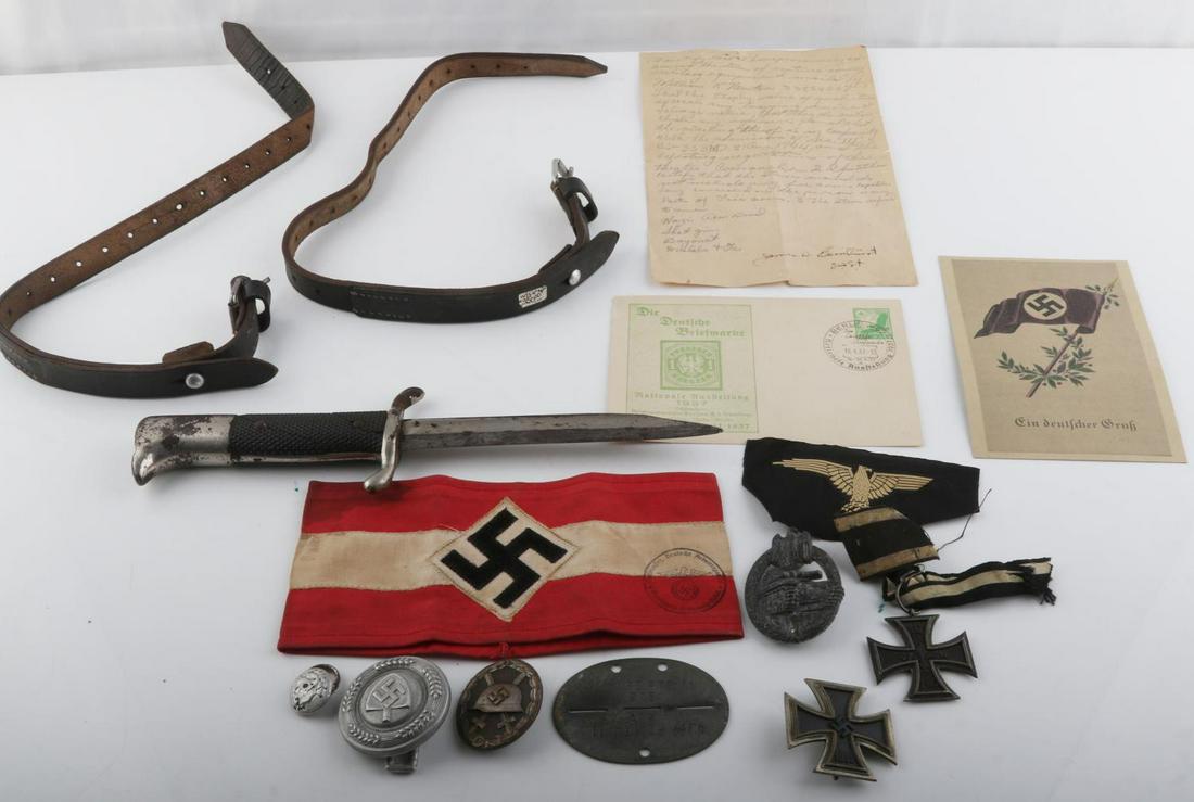 WWII GERMAN REICH VET BRING BACK LOT W LETTER: With accompanying letter attesting that William K. Newton is allowed to send captured enemy Military equipment home, listing at bottom states Nazi Armband Bayonet, medals Etc.. The Medals Etc include 