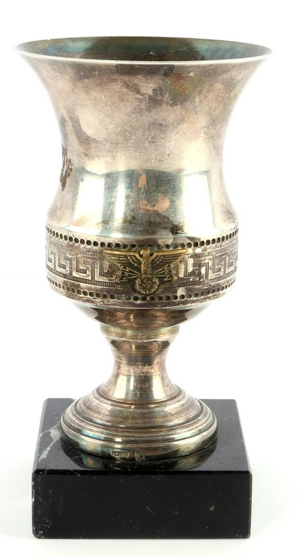 WWII GERMAN 3RD REICH POSTAL TROPHY CUP ON PLINTH: Silver goblet trophy with Greek scroll pattern. Set on marble plinth. S.M Laire marked. Measures 5 1/4 inches. Very good condition.