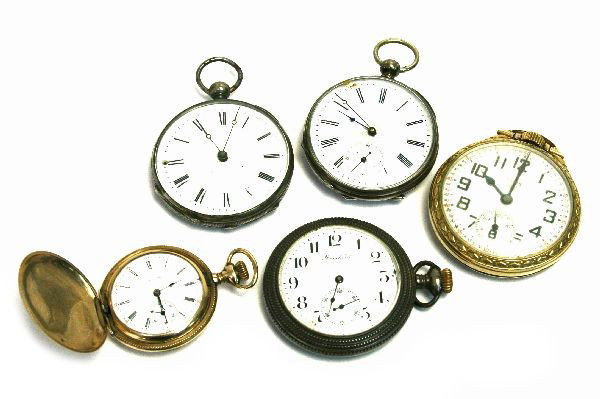 LOT OF 5 ANTIQUE POCKET WATCHES ONE STERLING CASE: Included are two key wind watches one English (marked M J Tobias Liverpool) and one Continental. There is a "Standard" open face in a Sterling Silver case (total watch weight is 2.13 OZT) screw off ba