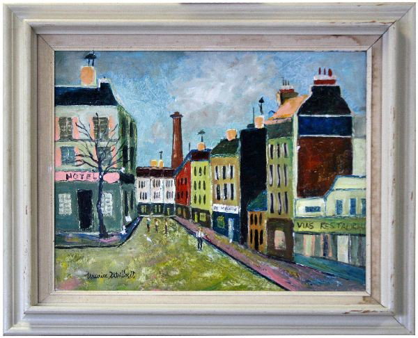 MAURICE UTRILLO OIL PAINTING RUE RAVIGNAN: Signed Maurice Utrillo, V. (French, 1883-1955 ) oil painting entitled "Rue Ravignan." Title is handwritten on the back of canvas "Rue Ravignan- France." Canvas measures 20 by 16 inches. Some minor pai