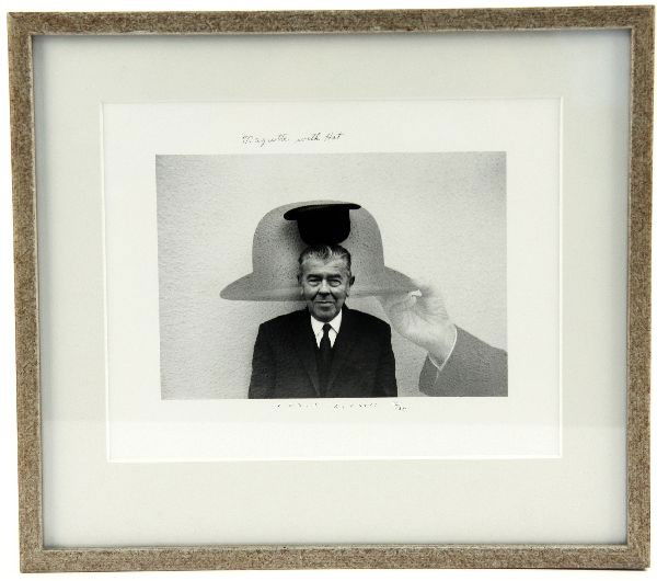 D. MICHALS PHOTOGRAPH MAGRITTE WITH HAT: Duane Michals (1932-) framed photograph Magritte with Hat edition 12 out of 25. Image is 6 11/16 by 9 7/8 inches paper is 11x14 inches. Signed, titled and numbered recto in ink. from an edition of 25