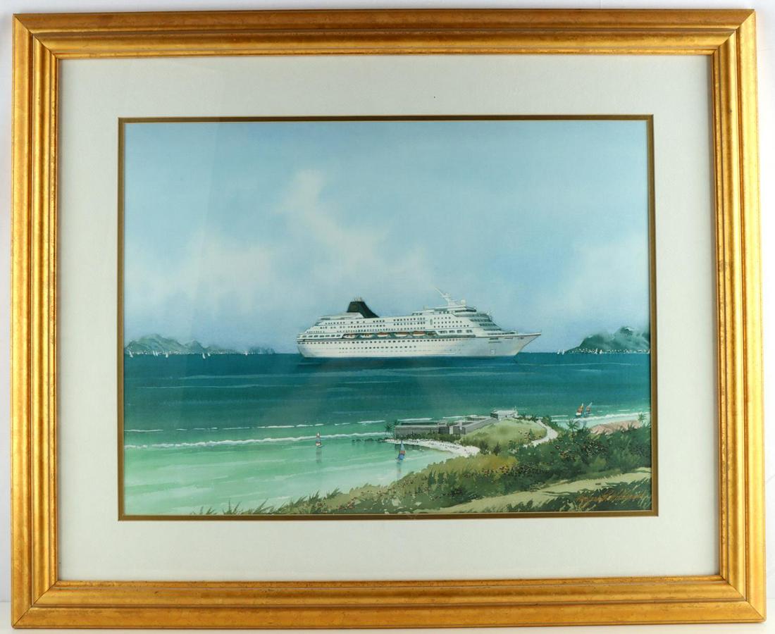 RICHARD WILLIAMS ARTIST PROOF SIGNED PRINT: Artist proof hand signed print of a watercolor by Richard Williams. Cruise ship Dreamward. In very good condition Dimensions measure 34x29 inches.