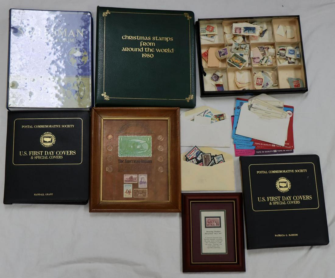 VINTAGE STAMP LOT FIRST DAY COVERS AMERICAN INDIAN: First day covers, 1980 Christmas stamps from Around the World, Statesman Deluxe Album, American Indian stamps with coins dating 1899, 1904, 1892, 1908, 1903, 1907, 1900, and 1902. Also a variety of lo