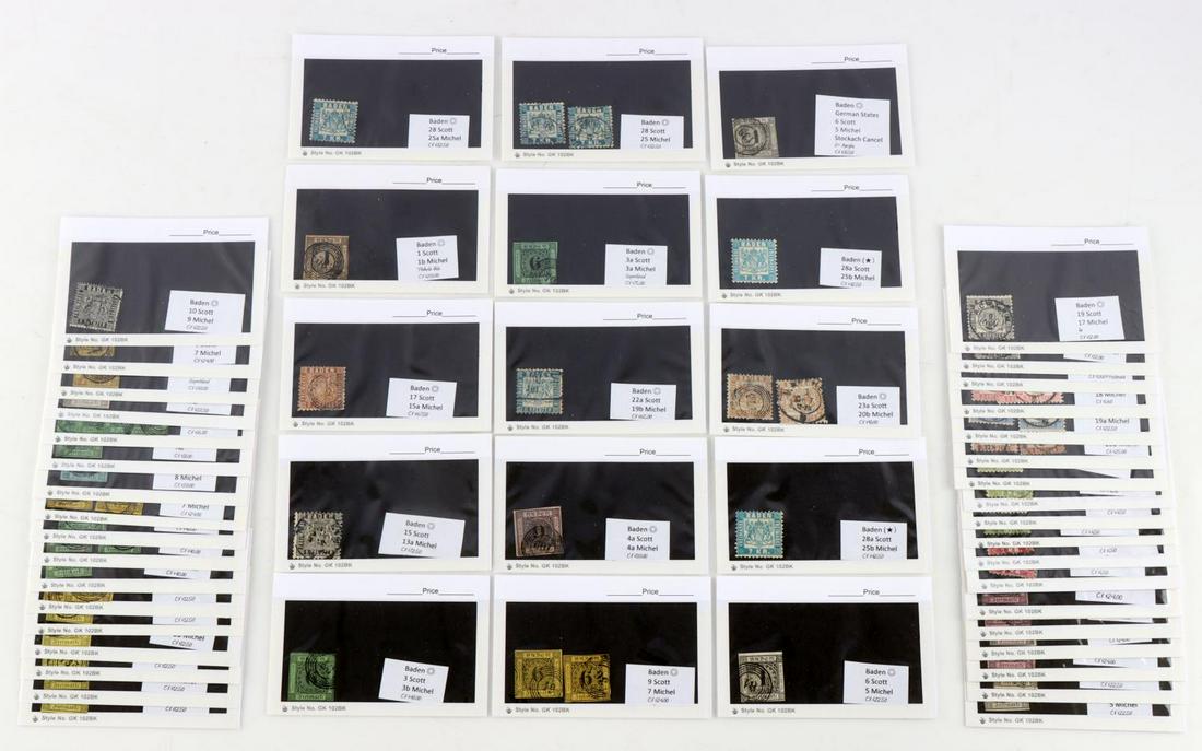 BADEN GERMAN STATES STAMPS SCOTT 1 TO 28 CV $1576: Each stamp is categorized by a Scotts Collector Value and/or a Sell Value along with a Catalog No. Collection has cancelled and uncancelled throughout. This lot includes BADEN 1 to 28A, Scott's collec