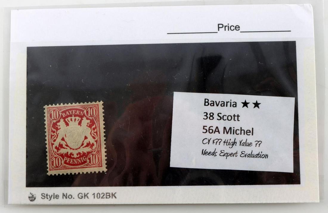 RARE BAVARIA EMBOSSED COAT ARMS STAMP MICHEL 56A: Rare XF condition uncancelled, partial gum, perforated BAVARIA embossed-arms-type stamp, Michel 56A, Scott 38, 10 denomination printed on white paper with the vertical wavy lines close together waterm