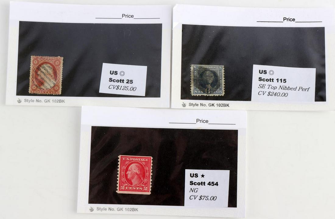 3 GEORGE WASHINGTON PRESIDENT PORTRAIT US STAMPS: Stamp lot of 3 includes 1915, 2Â¢ red, type II, rotary coil (Scott 454) rich color, partial gum, fresh paper. Second is a nicely centered 1857, 3Â¢ rose, type I (Scott 25) with cancellation grid a