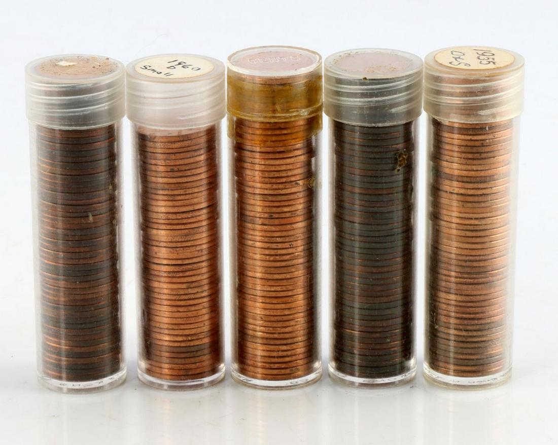 240 BU 1955 S&D, 1958,1960 SMALL D PENNY LOT: Coin lot of 240 BU pennies. 150 Lincoln BU wheat cents, 100 mixed 1955 S&D and 50 1958 wheat cents, 50 1957 BU roll, and 40 1960 small D penny lot.