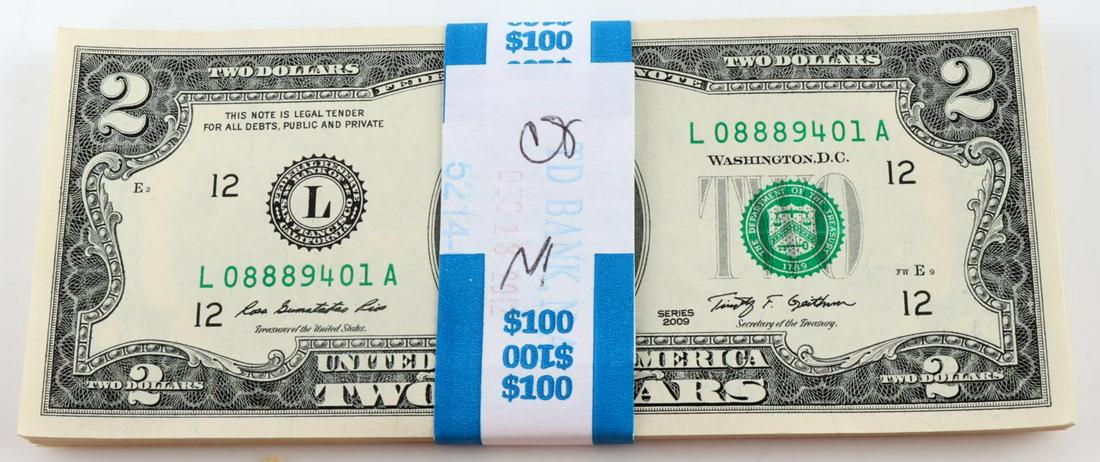 SEQUENTIAL US CURRENCY $100 FACE OF $2 NOTES: 50 $2 dollar US Treasury notes, uncirculated in sequential order with TD Bank dated (Dec 18, 2012) money wrapper.