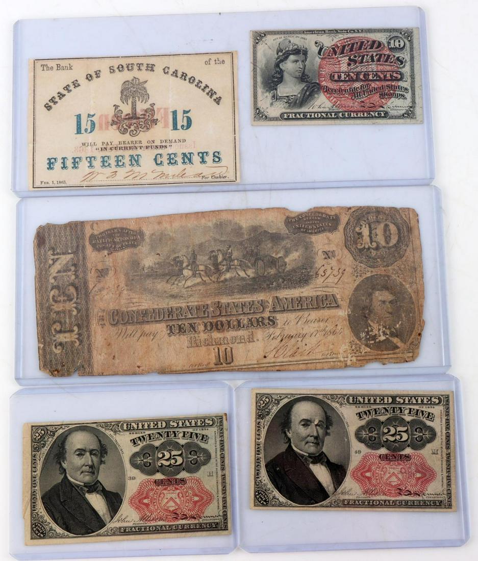 CONFEDERATE $10 AND OBSOLETE FRACTIONAL CURRENCY: Fractional and Civil War era currency. Includes 2 1874 U.S. 25 cent notes bearing the image of Robt. J. Walker, an 1863 U.S. 10 cent note American Banknote N.Y., and an 1863 State of South Carolina 15