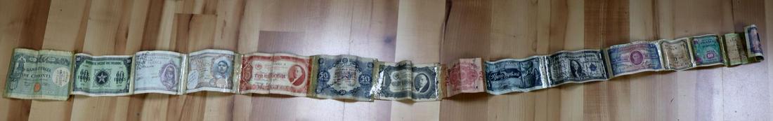 WWII CLASSIC SHORT SNORTER 15 NOTE LONG W SIGS: One of the best we have seen in awhile, very good original condition, European theater, has U.S. Silver certificate with Short Snorter written dated 1944, Gibraltar note with Douglas Fairbanks, Patten