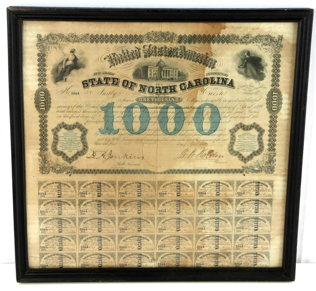 CONFEDERATE STATES CIVIL $1000 CUT BOND SHEET: Framed 17 X 18 inches, $1000 cut bond sheet with $900, North Carolina, Confederate States. Features Governor signature of William Holden and treasurer David Jenkins. Very good condition with some crea