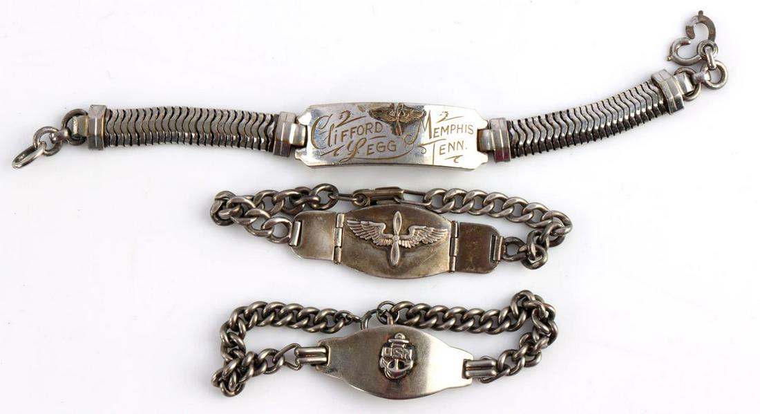 3 WWII SWEETHEART ID BRACELET LOT 2 STERLING: The 2 sterling weigh together 45.5 grams, one AAC and the other USN, the larger non sterling has name, Memphis, verso S/N and Blood type.
