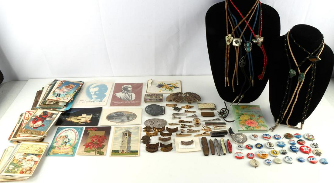 BOLO TIE CHRISTOFLE BELT BUCKLES COSTUME JEWELRY: Lot that includes Christofle Napoleon letter opener, belt buckles including Mother of pearl dragon, HOG Harley Owners Badges, political buttons, that include Taft, Wilson, Wallace, Truman, Ike and oth