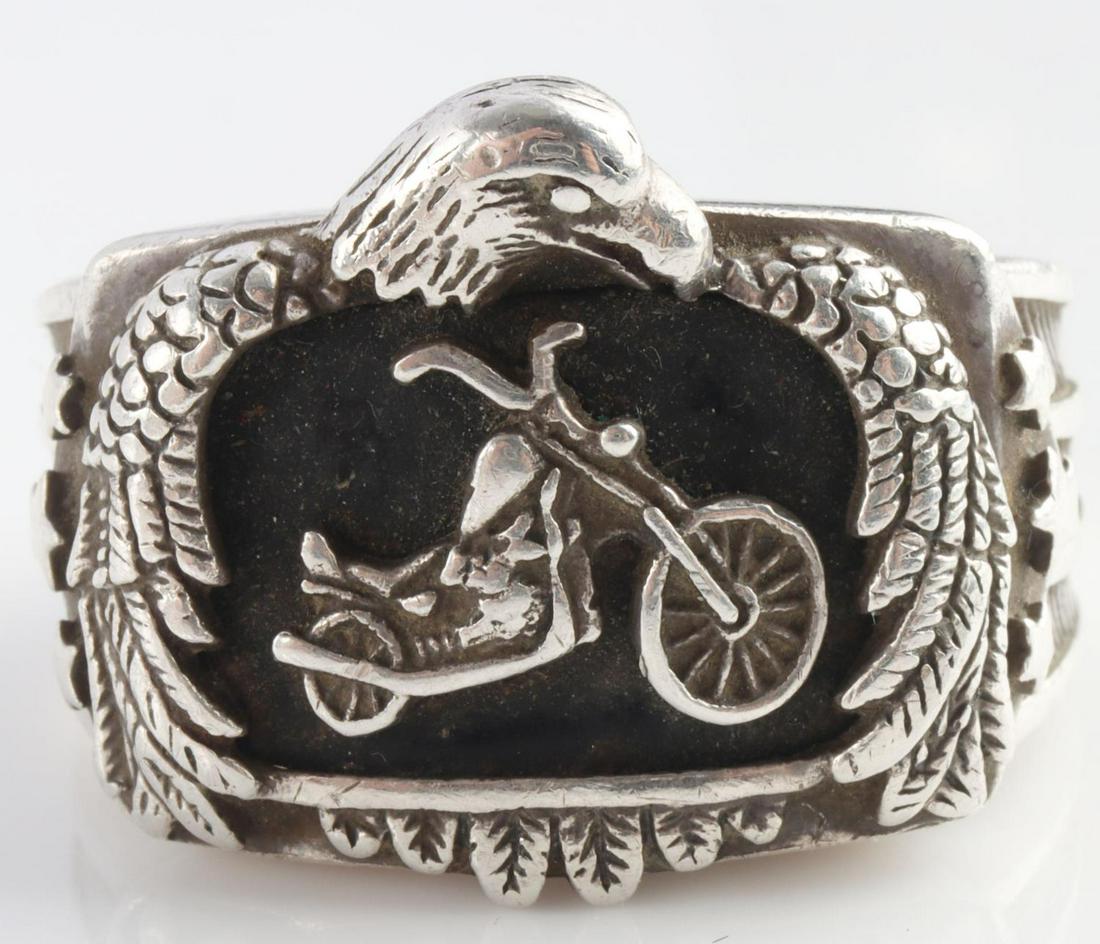 STERLING SILVER HARLEY DAVIDSON BIKER RING SZ 15: Harley Davidson jewelry with "Ride Hard Live Free BGE 925" etched into interior. Size 15.