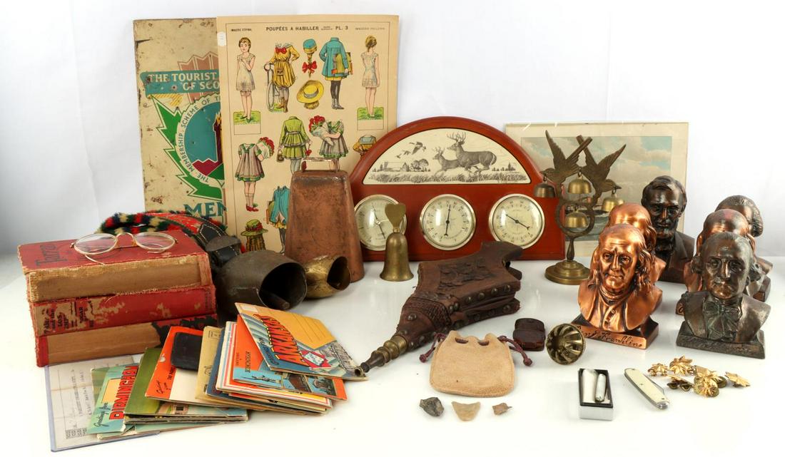 GENERAL ANTIQUES AND VINTAGE UNIQUE FURNISHINGS: Lot includes barometer, Edgar Rice Burroughs vintage Tarzan books including 1 first edition, wood and leather fire place bellow, vintage postcards, antique bells, several presidential bust banks (some