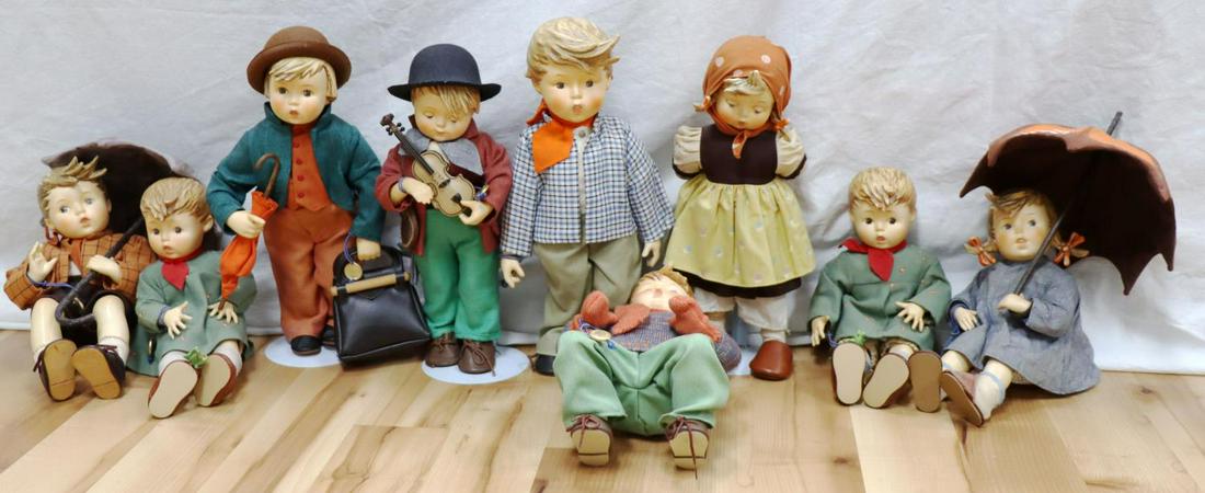 9 HUMMEL CERAMIC DOLLS BY DANBURY MINT: 9 Hummel Ceramic Dolls by Danbury Mint, 1980's series, with textile soft body and ceramic head arms and legs. Heights range from 8 to 14 inches,all in very good condition. NO boxes included.