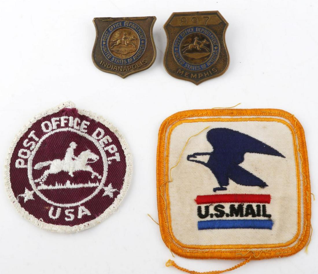 1950'S US POST OFFICE BADGE & PATCH LOT MEMPHIS: Lot of 2 badges, 1 Memphis numbered 897 1 10/16 inches, Indianapolis badge not numbered and 2 patches.