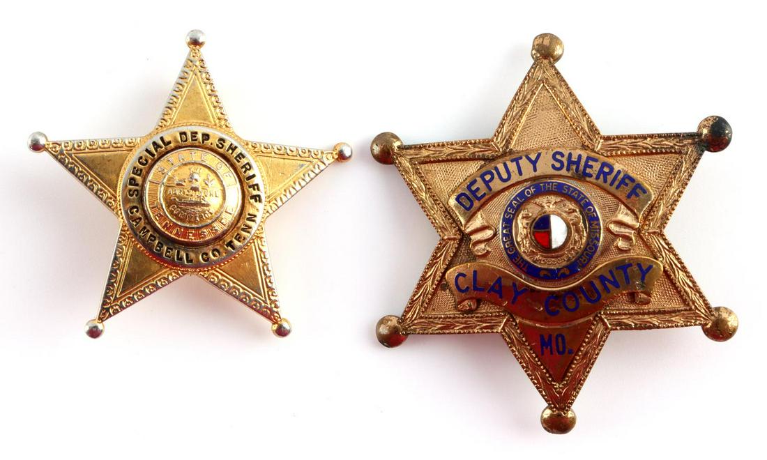 2 OBSOLETE DEPUTY SHERIFF BADGE CLAY COUNTY MO TN: Includes Deputy Sheriff Clay County, Mo., Carltone maker verso, pin back 2 inches, Special Deputy Sheriff Campbell Co., Tenn, Russell Uniform maker, pinback 1 10/16 inch, both very good original condi