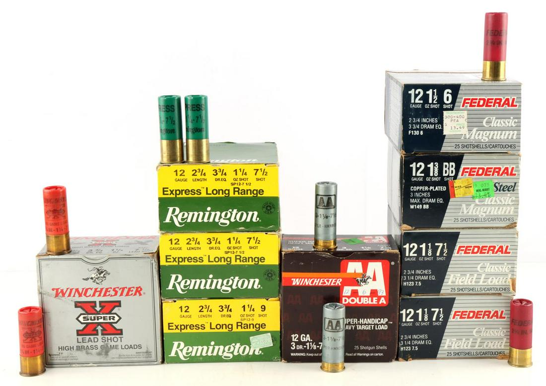 225 ROUNDS 12 GAUGE MIXED BRAND SHOT SHELL AMMO: 225 rounds 12 gauge mixed brand, BB, 6, 7 1/2, and 9 shot shell ammo. Included are four boxes of Federal, two boxes of Winchester, and three boxes of Remington. 25 rounds per box. All ammo is in good 