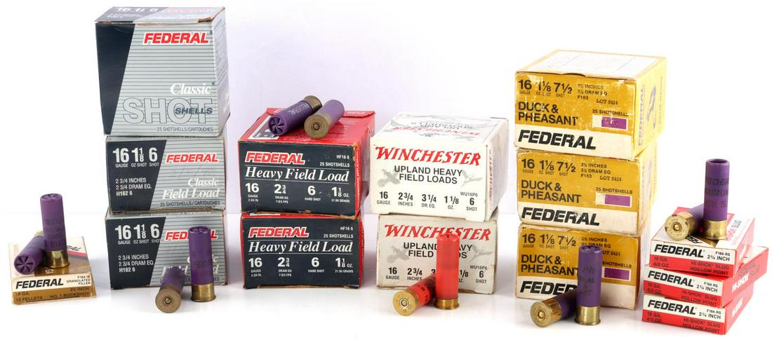 260 ROUNDS 16GA SHOTSHELL MIXED BRAND AMMUNITION: 75 rounds Federal 16GA 6 & 7 1/2 shot classic field load shot shells ammo. Three boxes, 25 rounds per box. 50 rounds Winchester 16GA 6 & 7 1/2 shot upland heavy field load shotshells ammo. Two boxes,
