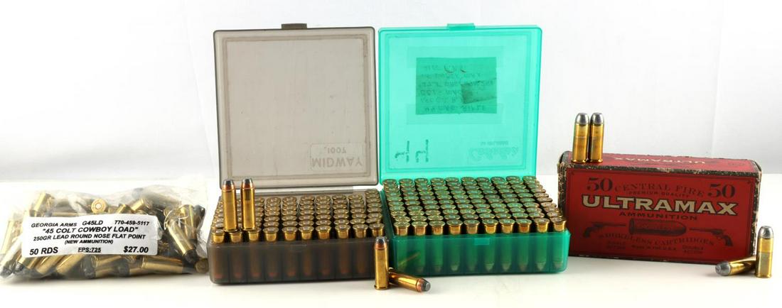 275 ROUNDS OF.44 MAG & 45 LONG COLT AMMO: 100 rounds of .45 long colt from Ultramax and Georgia Arms, 175 rounds of assorted 44 REM MAG; 100 of which are in a box marked "44 Mag Rifle and are all hollow point. None appear to be reloads. In go