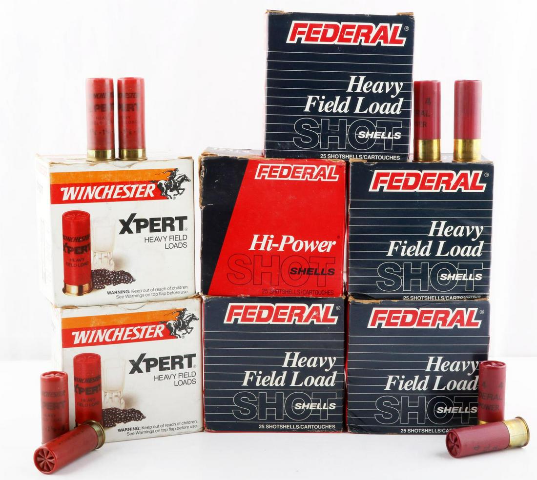 175 RDS 12GA HEAVY FEILD & HI POWER SHOTSHELL AMMO: 100 Rounds of Federal Heavy Field Load 12 Gauge Shot Shell Ammunition- Four boxes, 25 rounds per box. 25 Rounds of Federal Hi-Power 12 Gauge Shot Shell Ammunition- One box, 25 rounds. 50 Rounds of Win