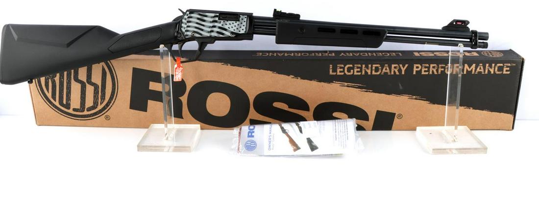 ROSSI GALLERY 22 18" 15RDS 22 LR PUMP ACTION RIFLE: Rossi Gallery 22 18" Inch 15 Round 22 LR Pump Action Rifle. Black polymer with white American flag detailing. Cross bolt safety. Comes brand new in box with owner's manual and all accessories. FFL req