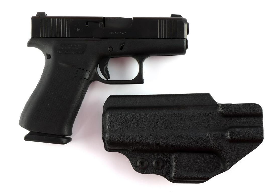 GLOCK 43X 9MM SEMI AUTO HANDGUN PISTOL - USED: Steel and polymer construction with clear maker markings, 3 matching serial numbers, 3.5 inch barrel with good, clear bore, and fixed sights. Very good, used overall condition. Comes with 10-round mag