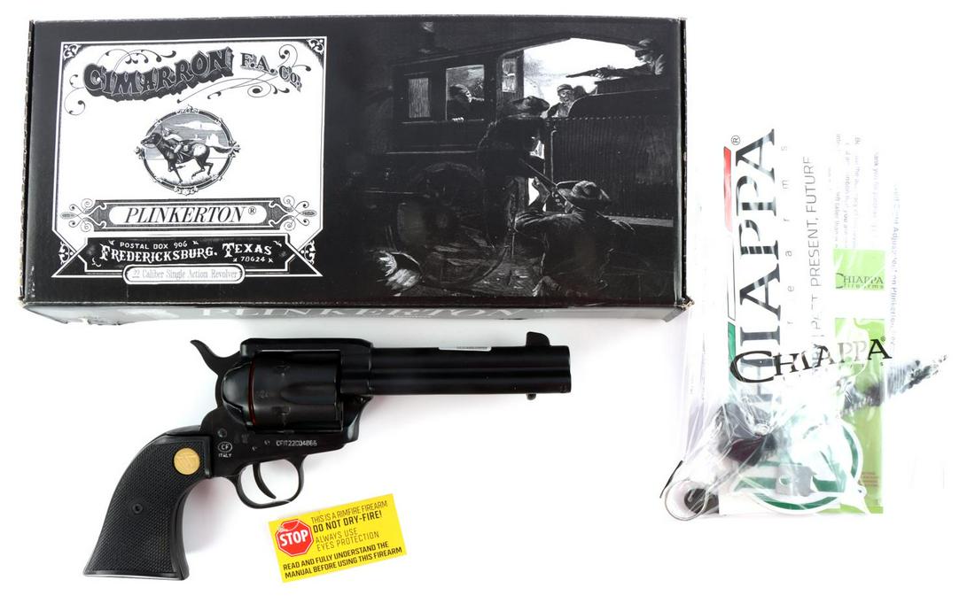 CIMARRON PLINKERTON SINGLE ACTION 22LR REVOLVER: Cimarron Plinkerton single action .22LR revolver in original box with paperwork. Barrel measures 4.75 inches long. Bore is bright and clear. Action is very smooth. Very good overall condition. Minimal