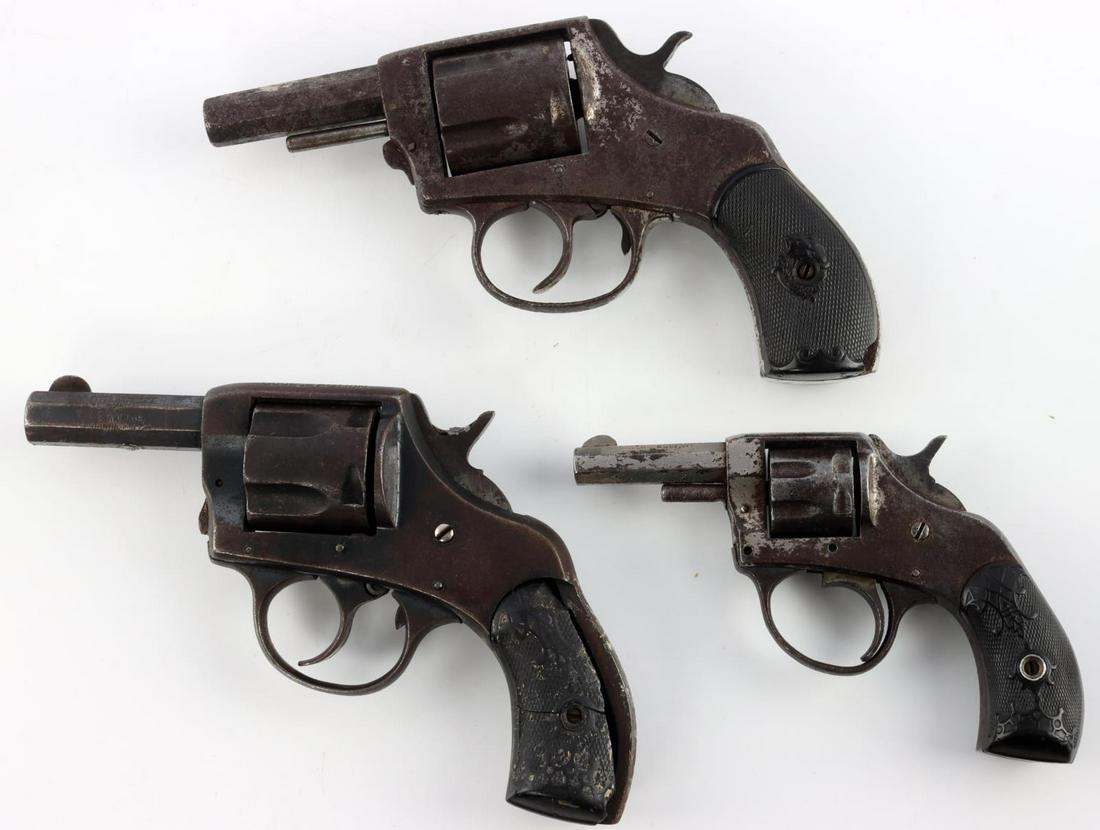 H&R AND IVER JOHNSON ANTIQUE REVOLVER LOT .38 .22: 3 early revolvers: H&R The American .38 cal, serial number to butt, double action works, loss to grips, Iver Johnson American Bulldog .38 cal, double action works, and H&R Young America DA in .22 cali