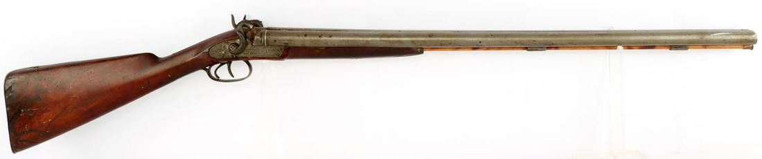 GOLCHER 12 GAUGE SXS DOUBLE BARREL MUZZLE LOADER: Barrel measures 29 3/8 inches long. Barrel has some finish loss but is clear. Percussion nipples missing. Right hammer cocks back but is loose. Left hammer is not loose but also does not cock back and