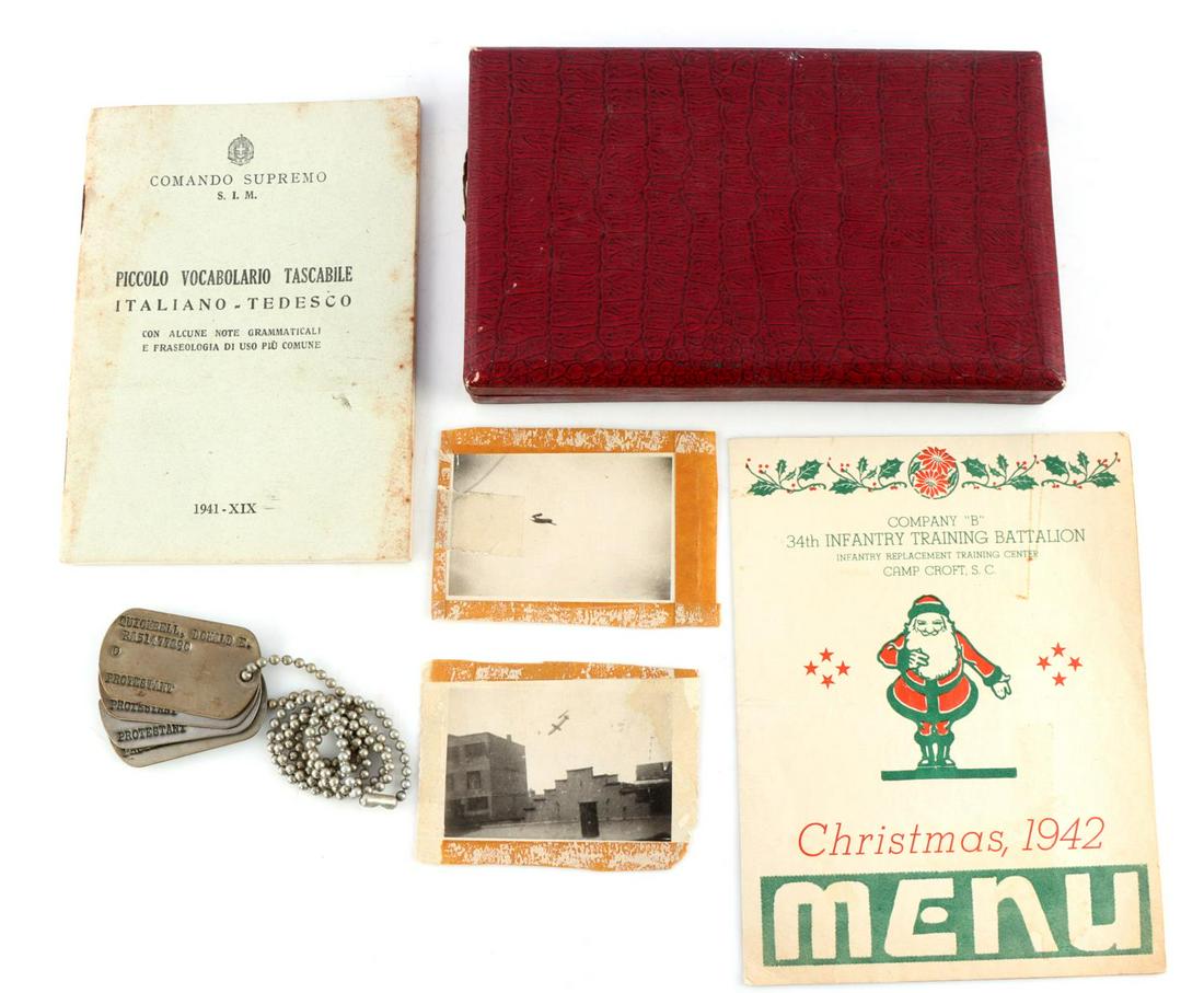 WWII V 1 PHOTOS DOG TAGS JAPAN LIGHTER 1942 MENU: Veteran lot to include 2 sets dog tags, same guy WWII and Korea, Company B 34th Infantry Training Battalion Camp Croft, S.C. Christmas 1942 Menu, names entire company, 2 original photos of V-1 Buzz bo