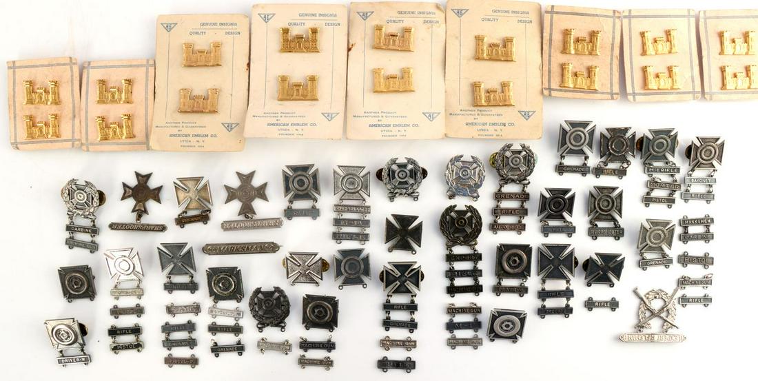 GROUP OF QUALIFICATION & CORP OF ENGINEER BADGES: The qualification badges include USMC and US Army, none are sterling, the Corp badges are on original cardboard, New Old Stock