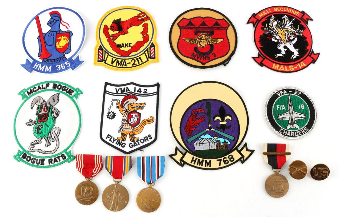 LOT OF 14 WWII MEDALS AND MODERN USMC PATCHES: Medals are WWII Victory, American Campaign, Good Conduct, Asian Occupation, 2 pins, and modern patches. Very good condition. Measure 1 3/8 - 5 inches.