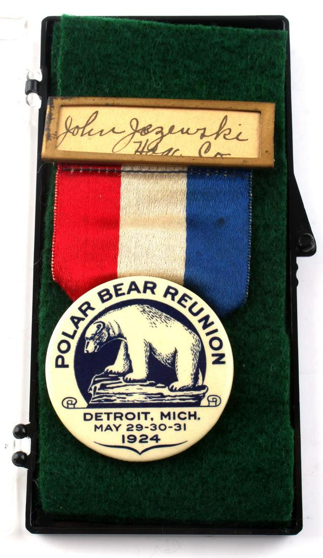 WWI NAMED POLAR BEAR REUNION 1924 BADGE: Badge of the Siberian WWI Russian mission, celluloid badge ribbon, this reunion was done in Detroit 1924, where most of the men who fought in this incident were from.