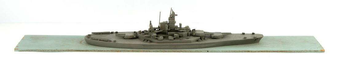WWII SHIP RECOGNITION MODEL USS SOUTH DAKOTA BB: Comet recognition model, on box board, missing 2 anti aircraft guns, wood metal ship only measures 16 1/2 inches, with board 28 inches.