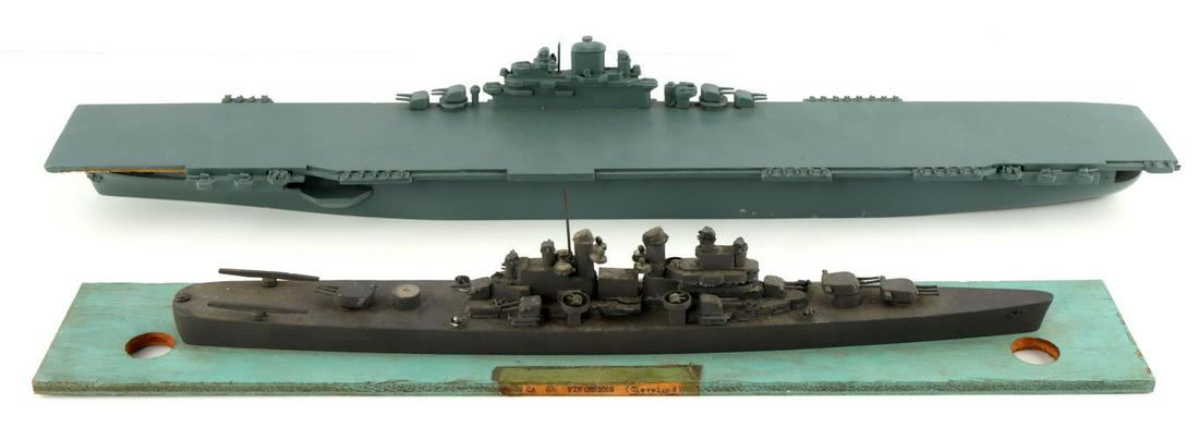 2 WWII SHIP RECOGNITION MODEL LOT MIDWAY VINCENNES: South Salem studios Essex class carrier 1:500 scale wood metal, very good original condition, also Comet Vincennes Cleveland class 1:50 scale, on box board, missing rear top turret.