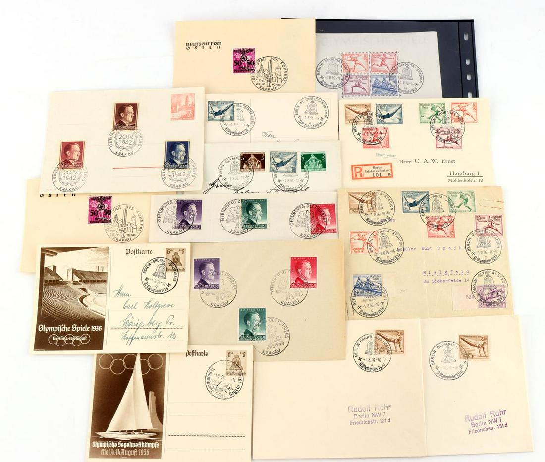 LOT 14 HITLER BIRTHDAY & FIRST DAY OLYMPIC COVERS: 14 WWII German Third Reich governmental (cancelled on April, 20th, Hitler's birthday) and Olympic postage covers (cancelled on the date of games' grand opening). All are in very good plus condition. T