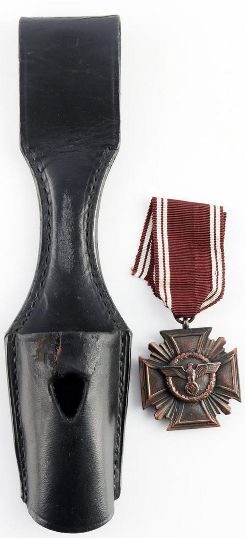 WWII GERMAN REICH SERVICE MEDAL AND BAYONET FROG: 10 year service medal in bronze with no marks and a bayonet frog marked Carl Henkel. Very good condition. Leather is split. Measure 1 3/4 and 8 3/4 inches.