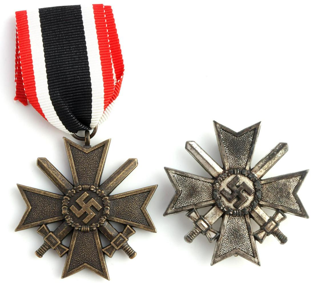 WWII GERMAN REICH WAR MERIT 2ND CLASS 1ST CROSS: 2nd class and 1st cross variants with "1" marked on pin. No marks on 2nd class. Measure1 3/4 inches. Very good condition.
