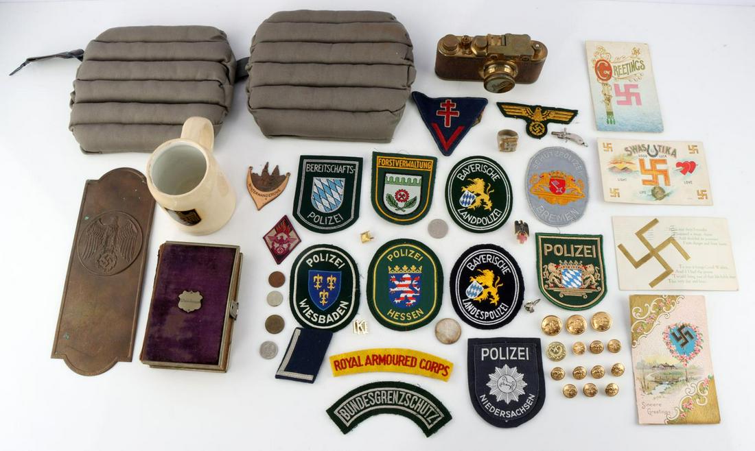 SWASTIKA RING CAP PISTOL BUTTON COIN LOT: Austrian cap gun keychain miniature, swastika ring size 11 not silver, buttons badges and patch lot, silver German coin, helmet decal coffee cup, Police patches, Reichsadler cloth insignia, cross Lorr