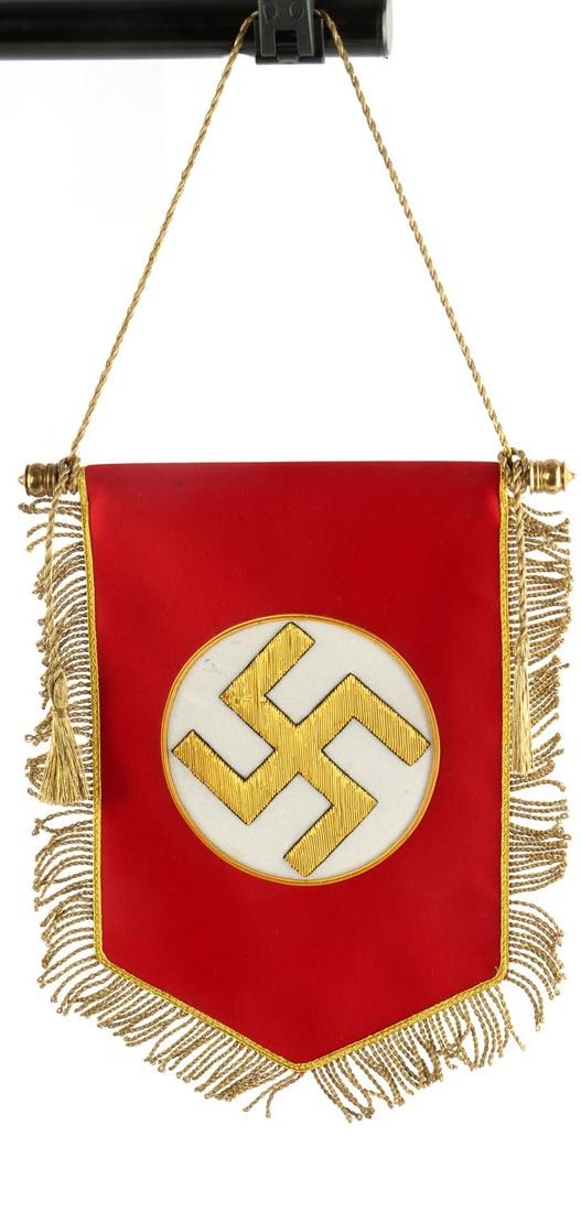 WWII GERMAN THIRD REICH NSDAP TABLE BANNER: Gold bullion swastika in center of white roundel. Gold bullion fringe. Measures 8 3/4. Very good condition. Age indeterminate. This lot has a reserve.