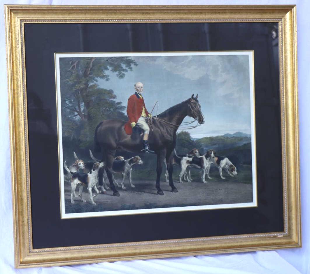 C G LEWIS ENGRAVING OF FRAIN HUNTSMAN PAINTING: C.G. Lewis engraving of "Mr. Williamson, Huntsman to His Grace" from a painting by Robert Frain. Measures 27X33 1/2 inches. Nicely framed (36X41 inches) and is in very good condition.