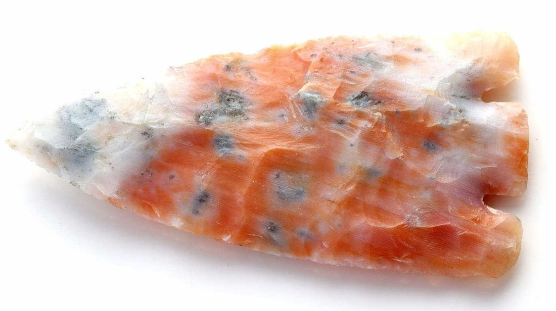 AUTHENTIC ARCHAIC CORAL CITRUS POINT ARROWHEAD: Authentic Archaic Period Coral Citrus point, found in Polk County Florida. Basal notch with slight curvature to the base, barbed shoulders extend to the base of the point. Total length of 2 7/8 inches