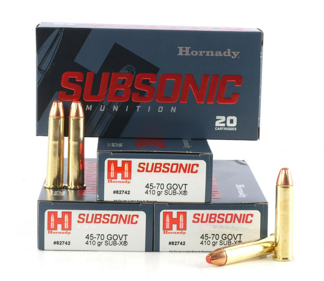 80 ROUNDS HORNADY 45-70 GOVT 410GR SUBX AMMUNITION: 80 rounds of Hornady Subsonic 45-70 GOVT 410 grain SUB-X ammunition for use in handguns or revolvers - four new boxes with 20 cartridges per box.