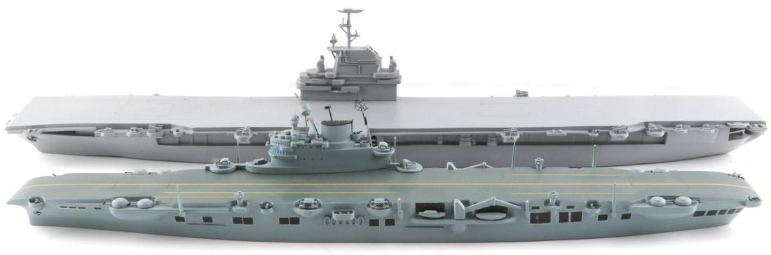 2 SHIP RECOGNITION MODEL LOT ILLUSTRIOUS ORISKANY: Include USS Oriskany, Comet dated 1954, all metal , 1:500 scale, or 21 1/2 inches, missing a antennae atop island, otherwise complete and very good, also HMS Illustrious, Framburg dated 1943, wood and
