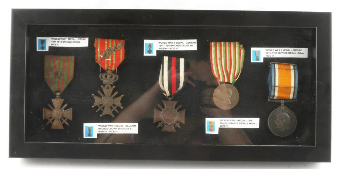 WWI FRENCH BELGIUM GERMAN ITALY ENGLAND MEDAL LOT: All nicely displayed and described, none named, very good original condition.