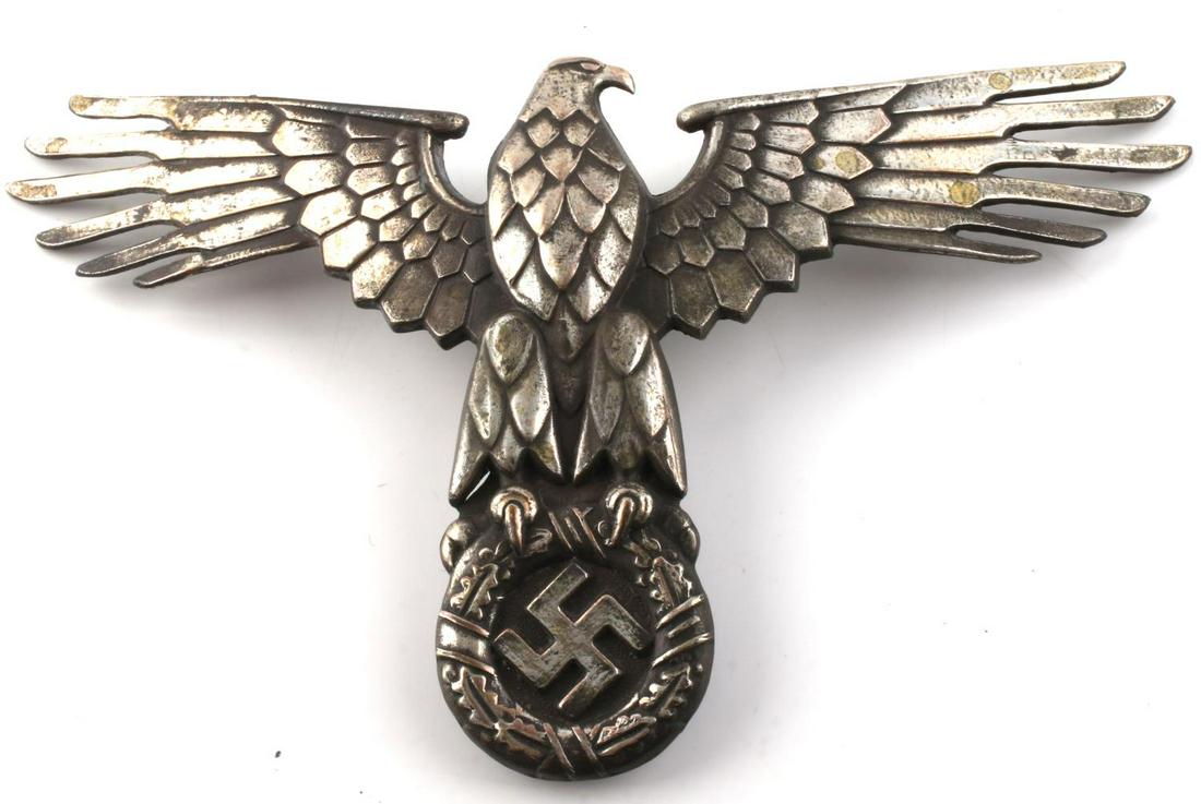 WWII GERMAN THIRD REICH REICHSADLER FOR GORGET: Reichsadler plate that screws into gorget. Silvered metal. Measures 5 1/2 inches. Very good condition. This lot has a reserve.