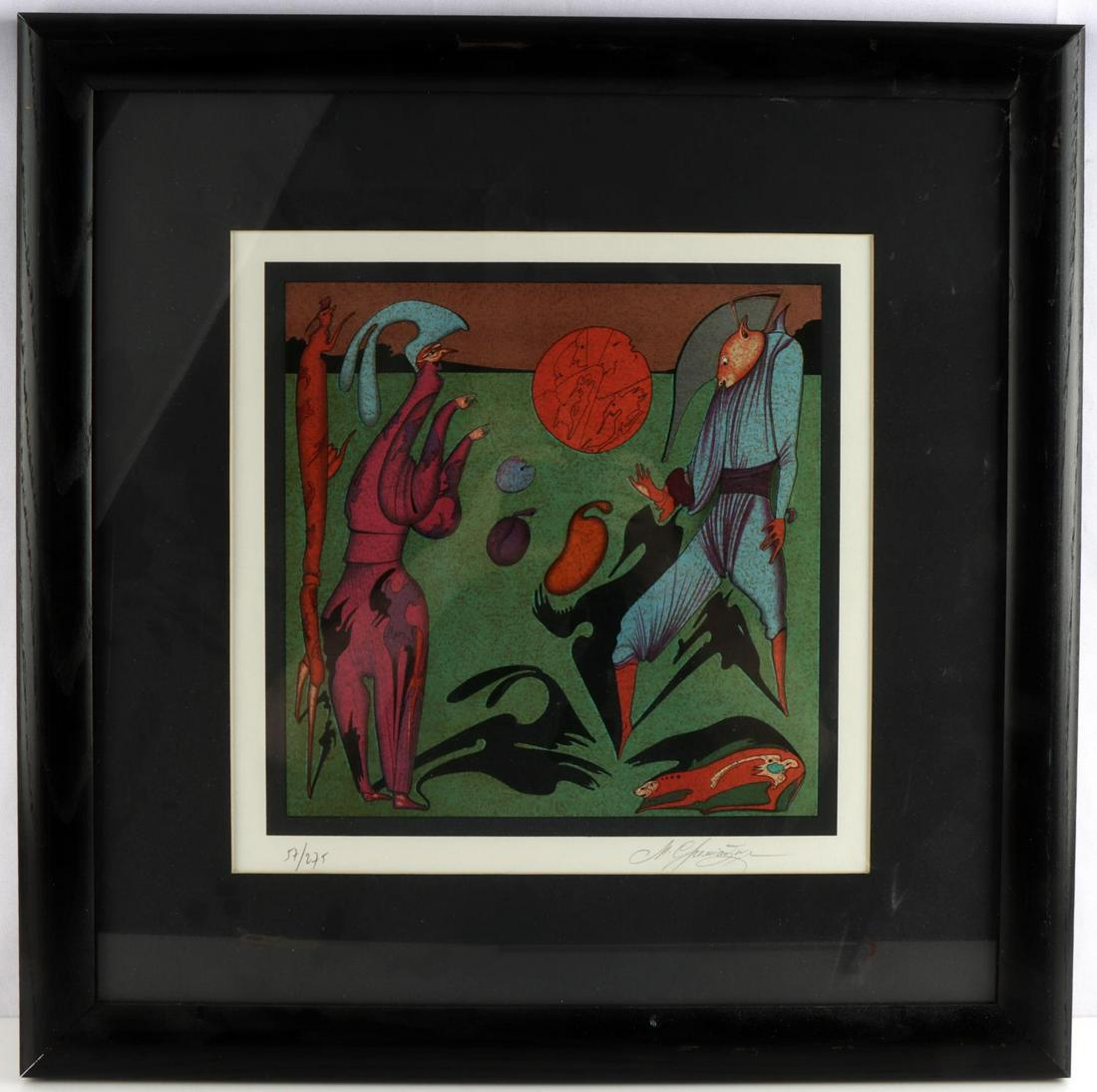 SIGNED MIHAIL CHEMIAKIN LITHOGRAPH RUSSIAN ARTIST: Limited edition 27/275 signed lower right, framed 21 by 21 inches, artwork measures 13 by 13. Carnival series.