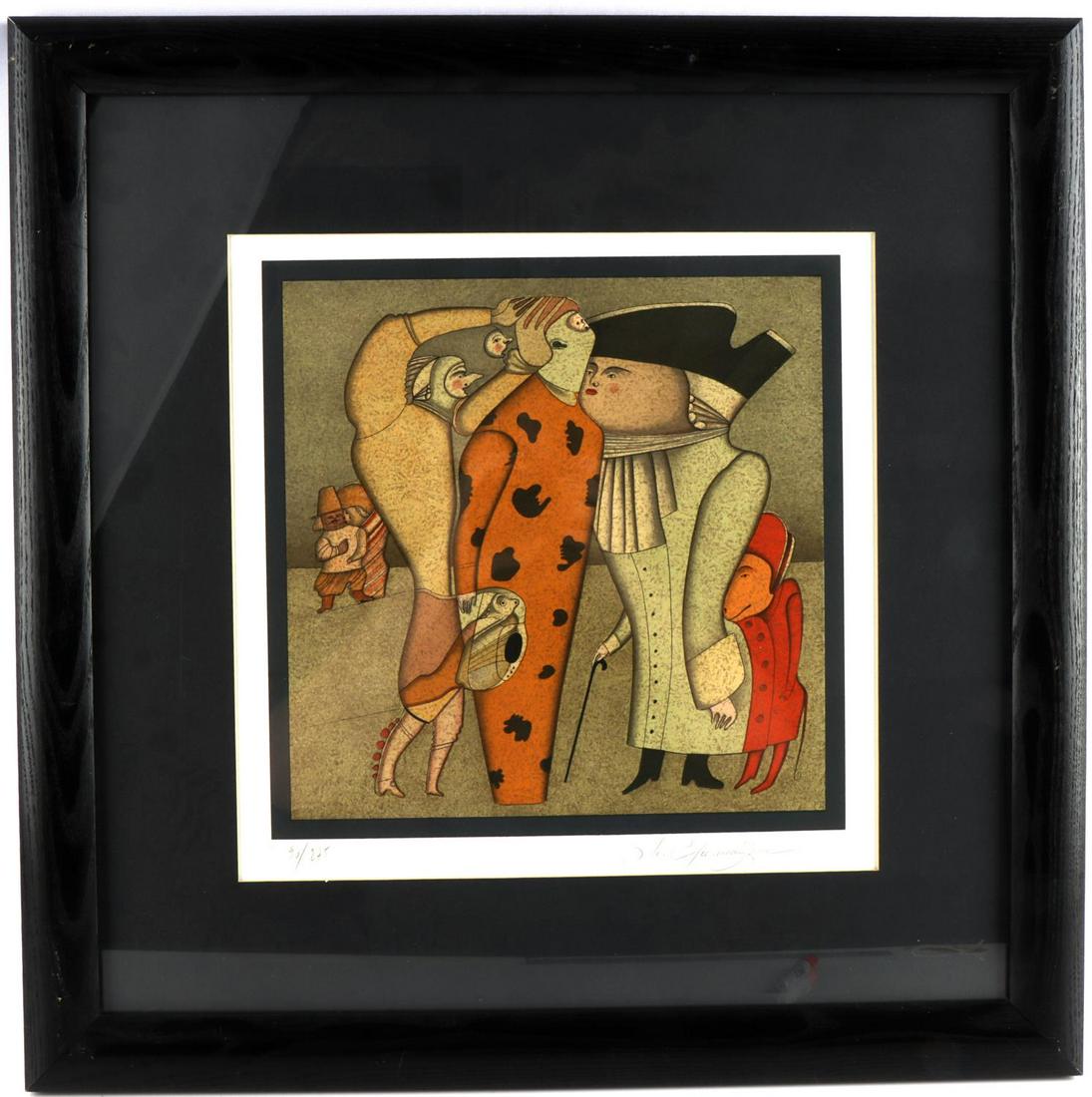 MIHAIL CHEMIAKIN HARLEQUINS OF ST PETERSBURG: Signed limited edition 90/275 Lithograph by Russian artist, frame measures 21 by 21 inches, artwork 13 by 13 inches